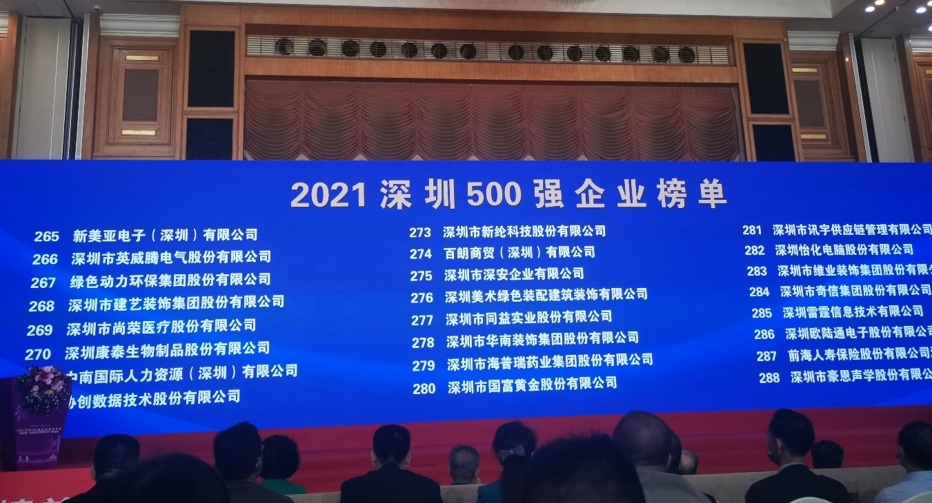 东升国际上榜2021深圳企业500强