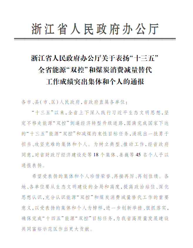 东升国际永嘉公司付金轩获“浙江省能源‘双控’工作成绩突出个人”表彰